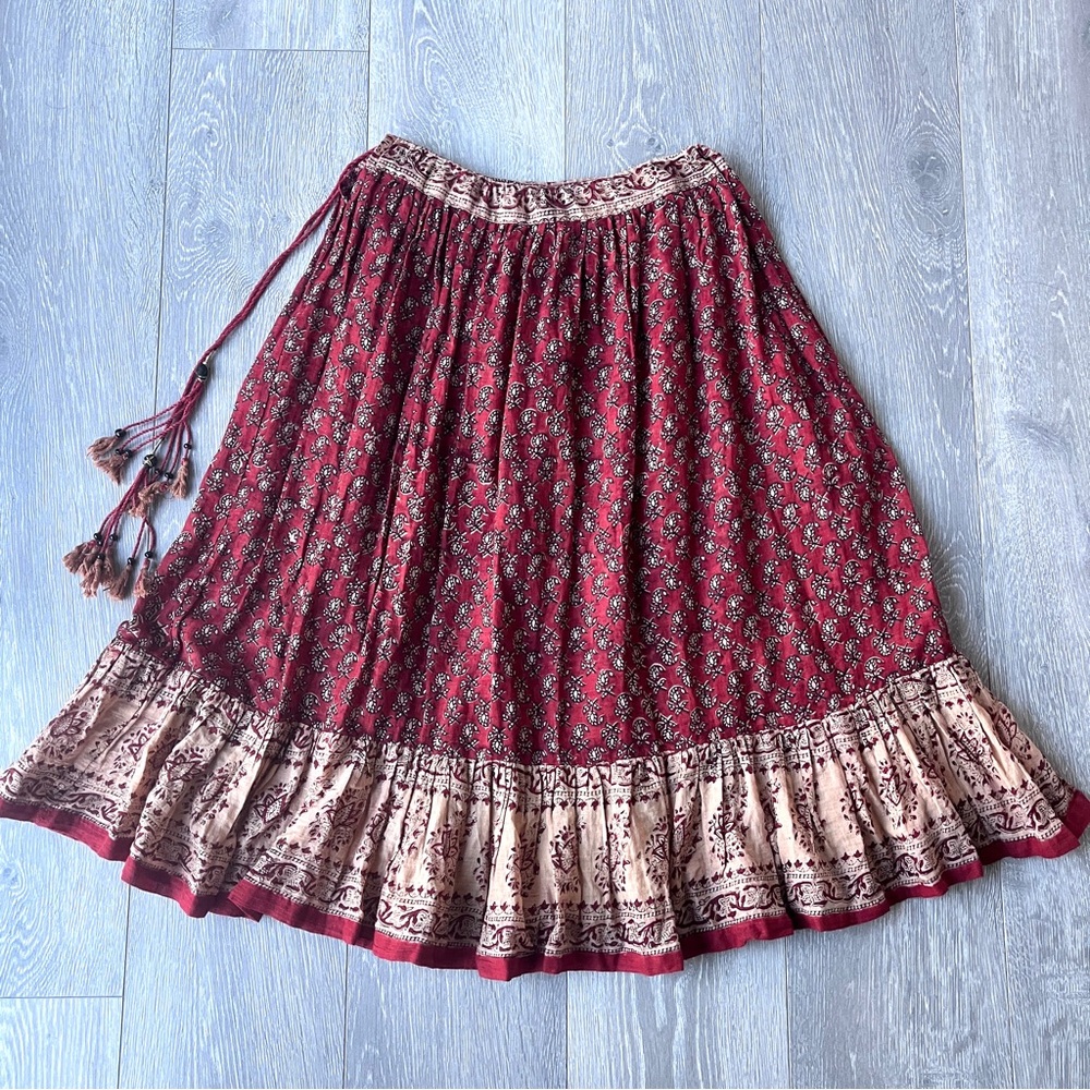 Bohemian Floral Midi Skirt in Burgundy and Cream